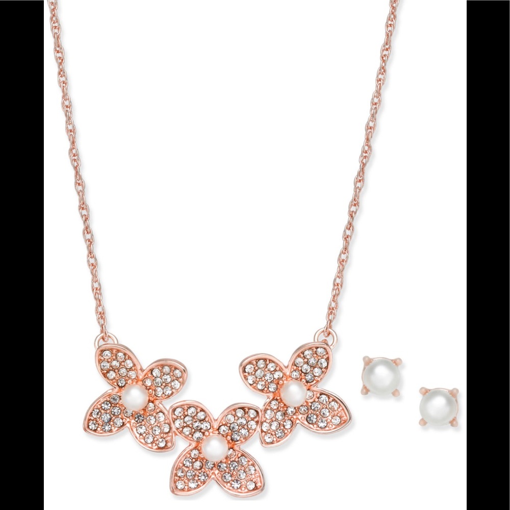NWT CHARTER CLUB ROSE GOLD TONE PAVE IMITATION PEARL STATEMENT NECKLACE&EARRINGS